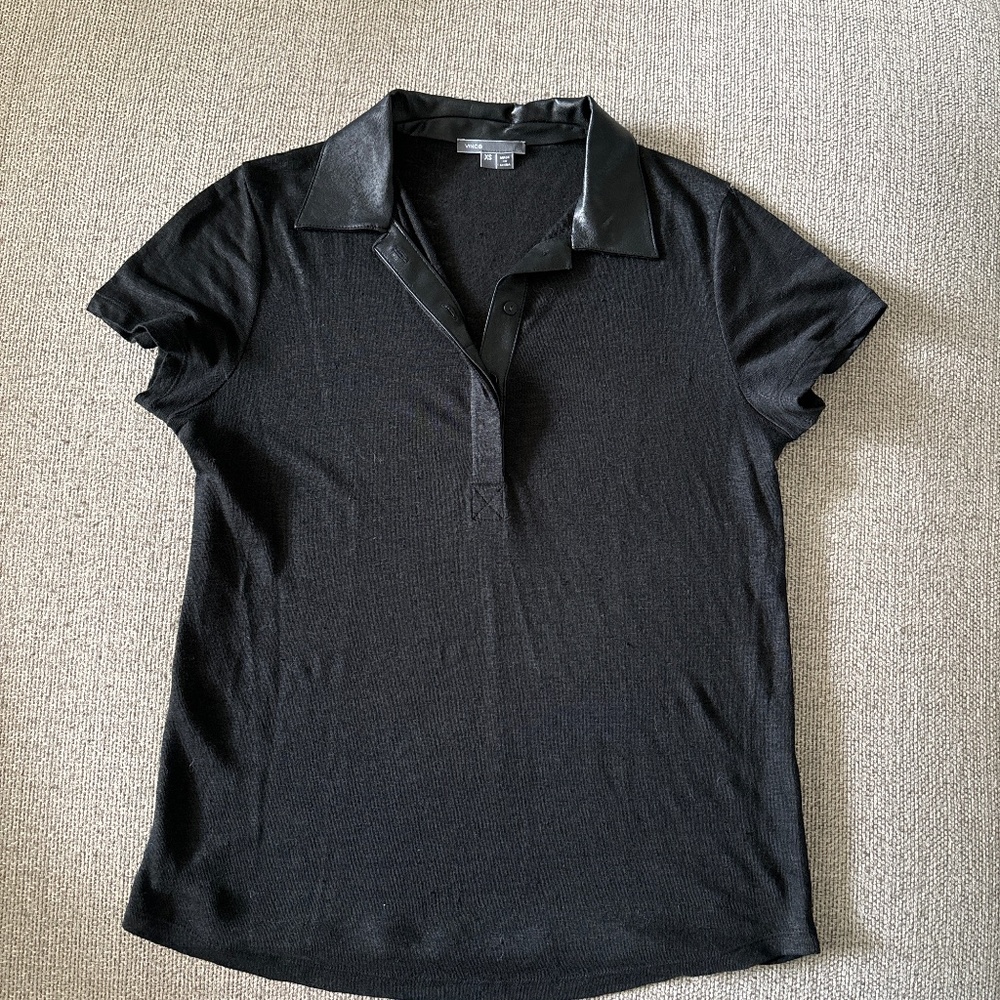 VINCE polo style shirt REAL LAMB LEATHER collar & placket XS